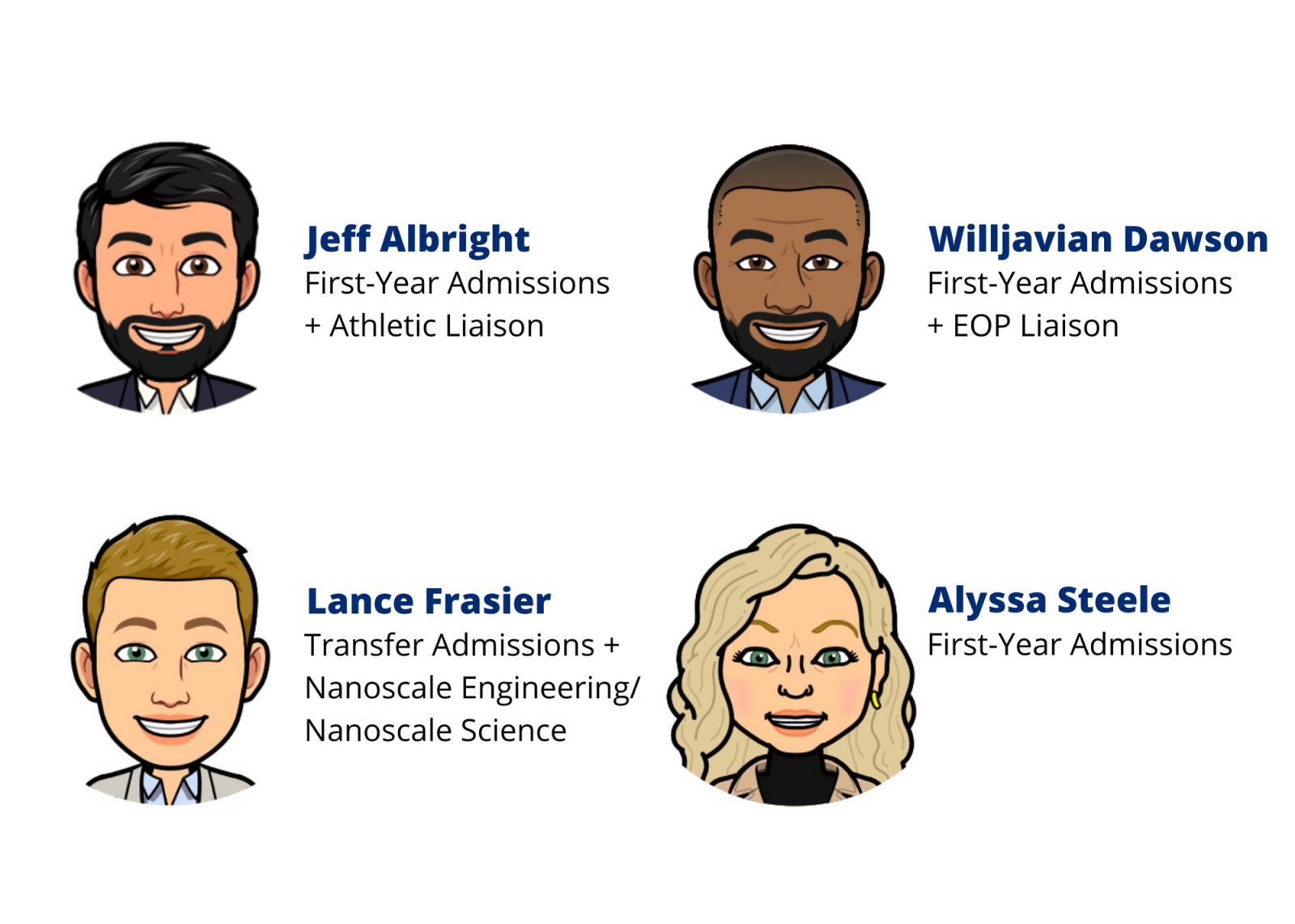 Image of four Admissions Advisors with Names and Titles: Jeff Albright, First-Year Admissions + Athletic Liaison, Willjavian Dawson, First-Year Admissions + EOP Liaison, Lance Frasier, Transfer Admissions + Nanoscale Science/Nanoscale Engineering, and Alyssa Steele, First-Year Admissions